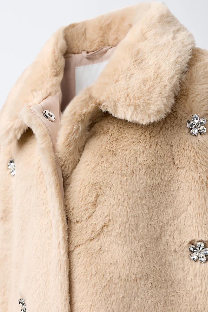 JEWELED FAUX FUR SHORT COAT