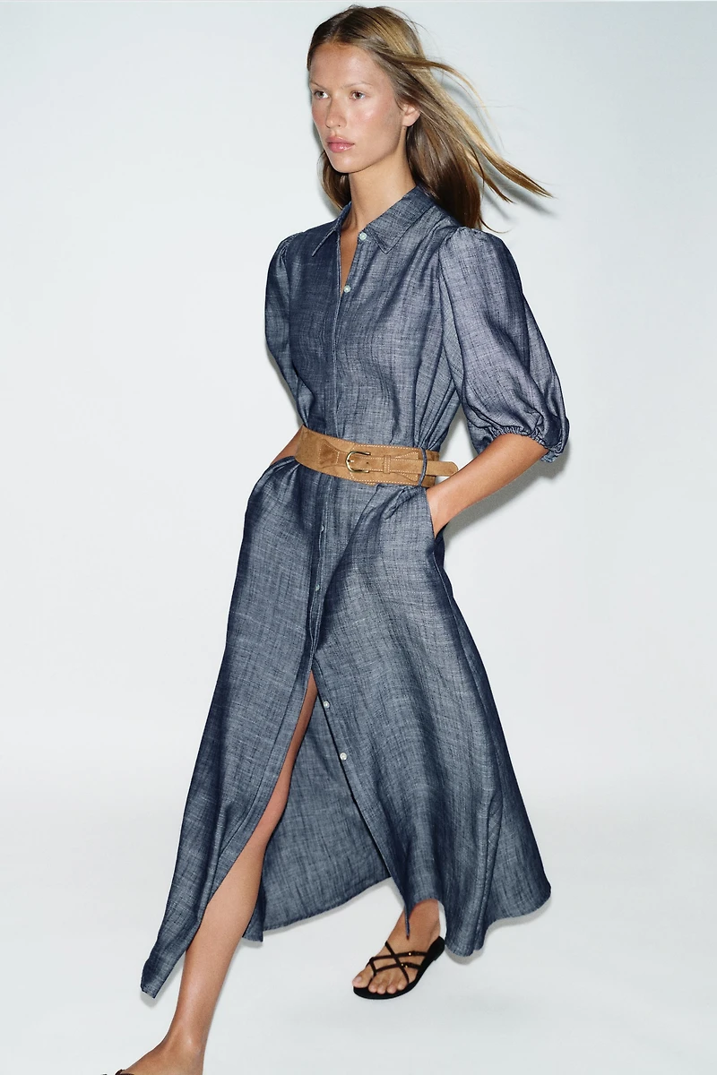 LINEN BLEND MIDI DRESS WITH BELT
