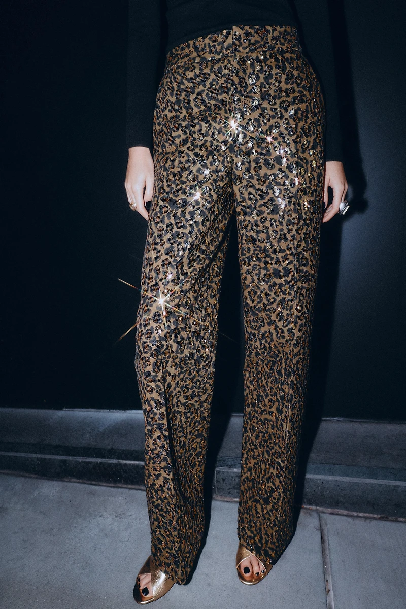 PANTALON DROIT À PAILLETTES IMPRIMÉ ANIMALIER