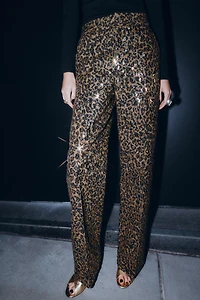 PANTALON DROIT À PAILLETTES IMPRIMÉ ANIMALIER