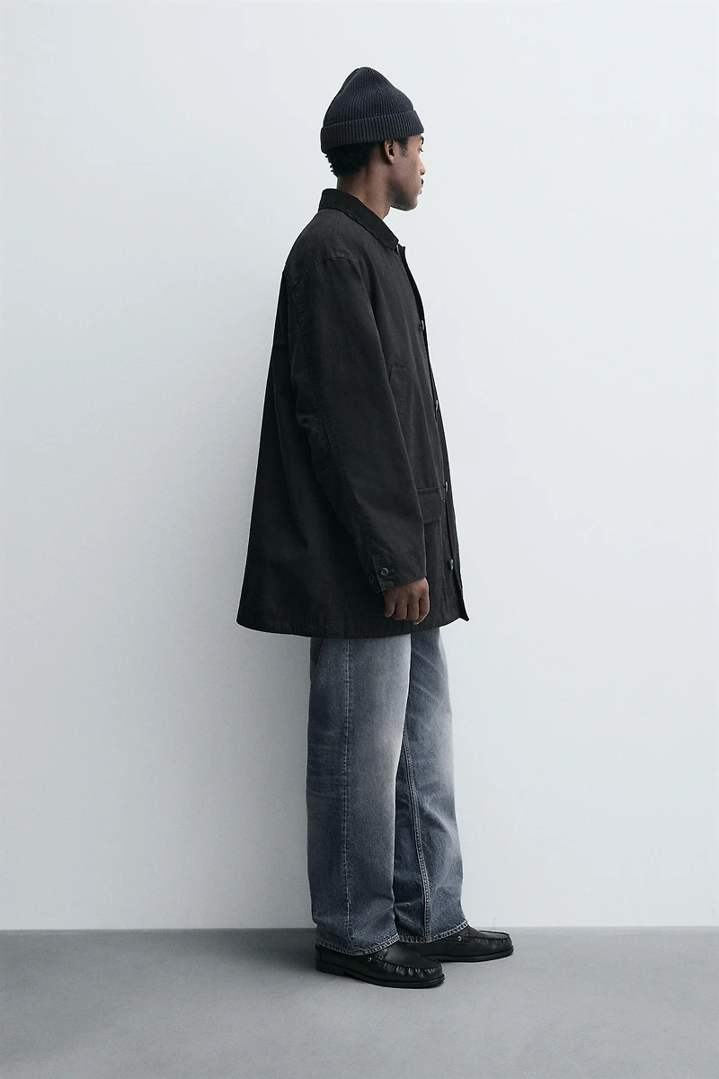 DENIM TRENCH COAT WITH CONTRASTING COLLAR