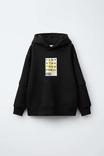 DOUBLE SLEEVE HOODIE SWEATSHIRT WITH LABEL