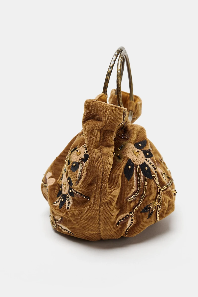 CORDUROY EMBROIDERED BUCKET BAG