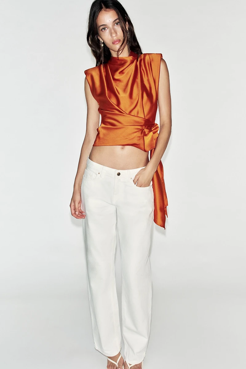 KNOTTED SHOULDER PAD SATIN EFFECT TOP