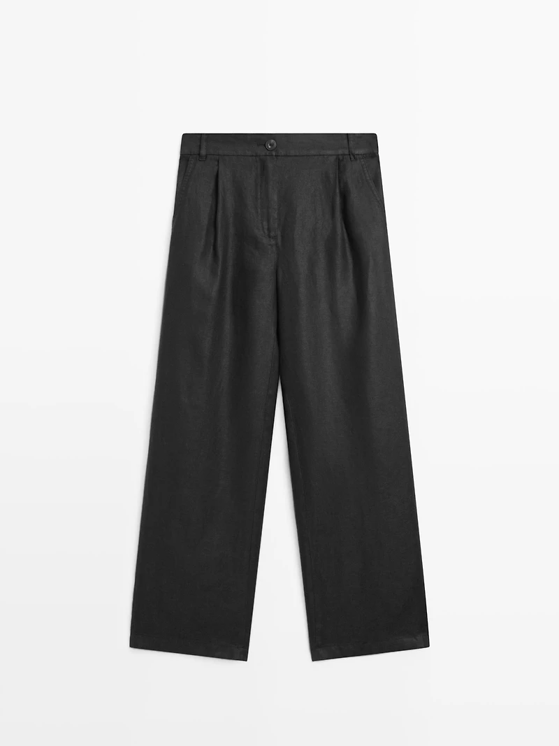 100% linen wide-leg elasticated trousers