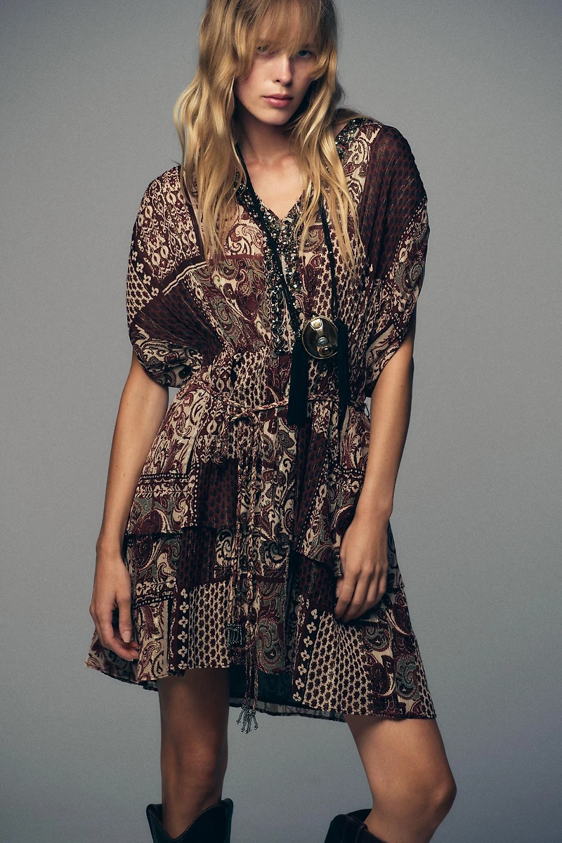 BEADED PRINTED METALLIC THREAD DRESS