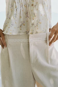 LONG LINEN LACE TRIM SHORTS