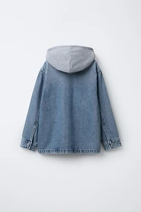 DETACHABLE FLEECE HOOD DENIM OVERSHIRT