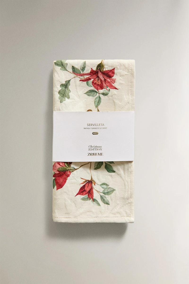LOT DE 2 SERVIETTES JACQUARD FLEURS DE NOËL