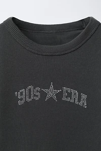 LONG RIBBED DRESS WITH RHINESTONE TEXT