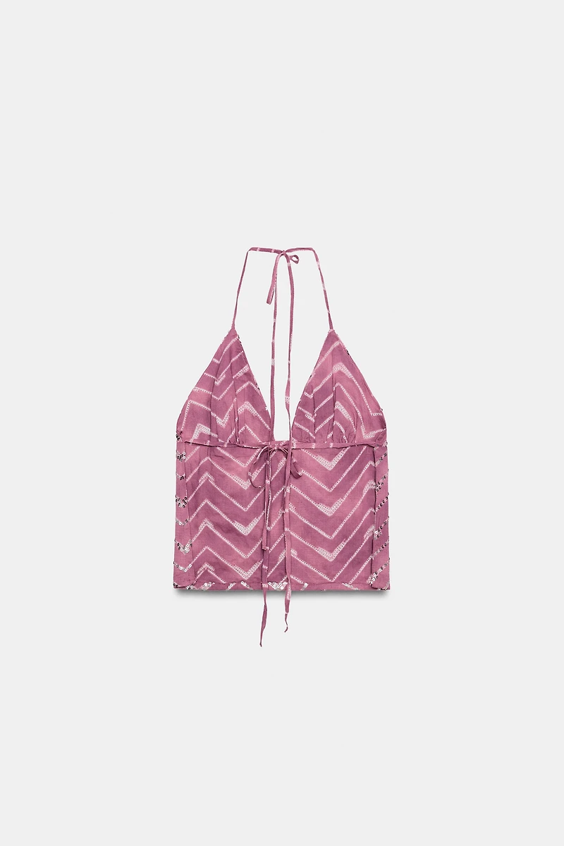 TOP HALTER IMPRIMÉ PAILLETTES
