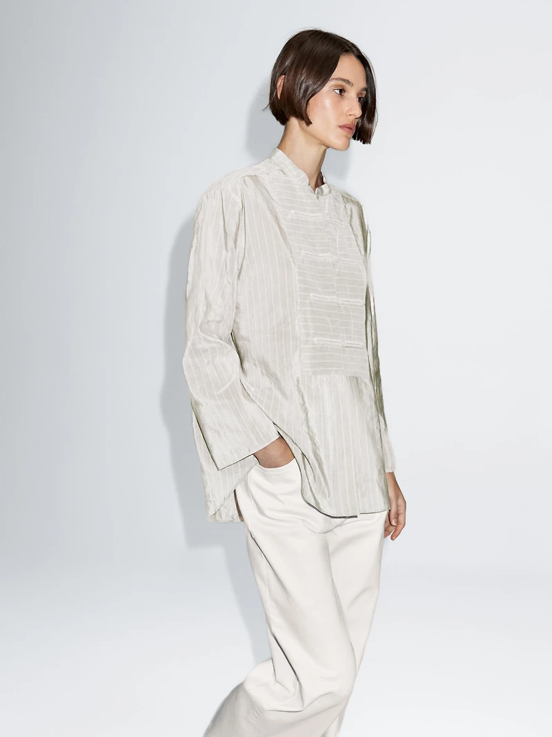 Striped oversize blouse with stand collar