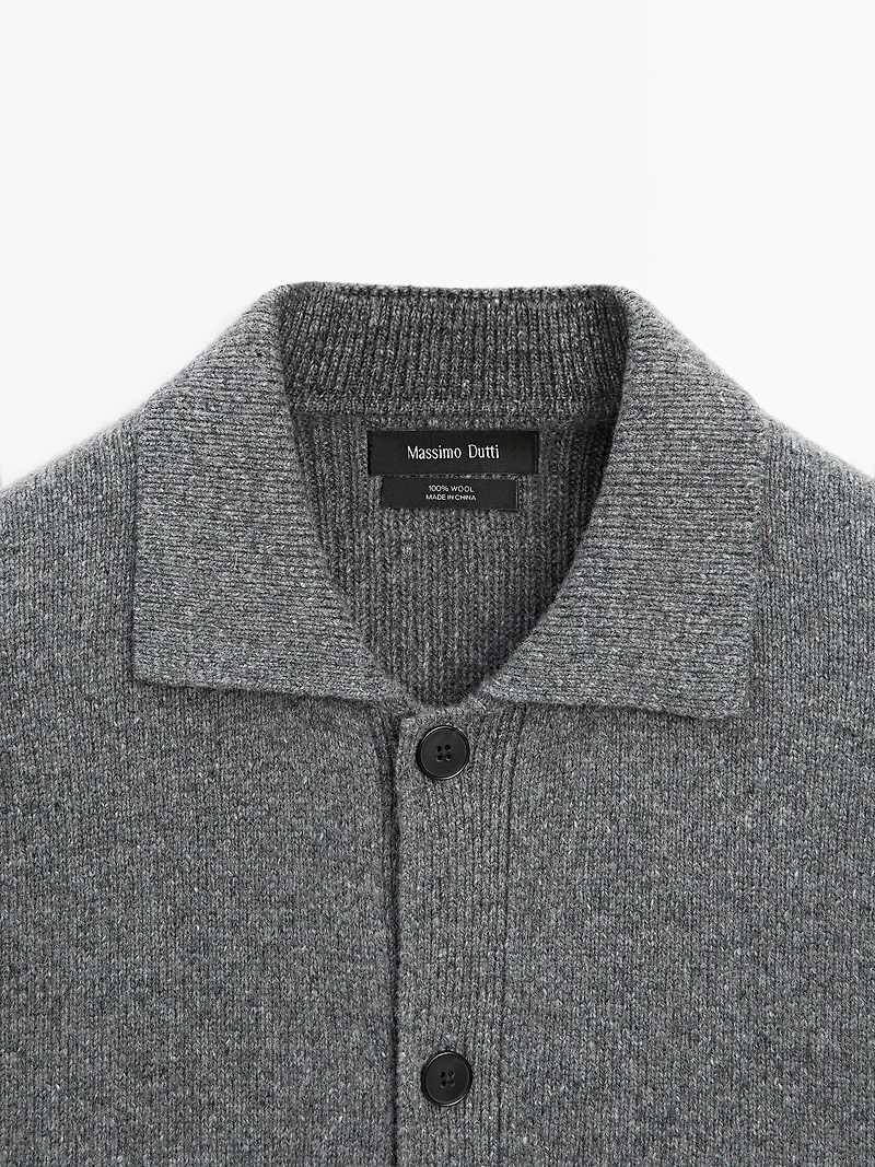 100% wool knit cardigan with polo collar