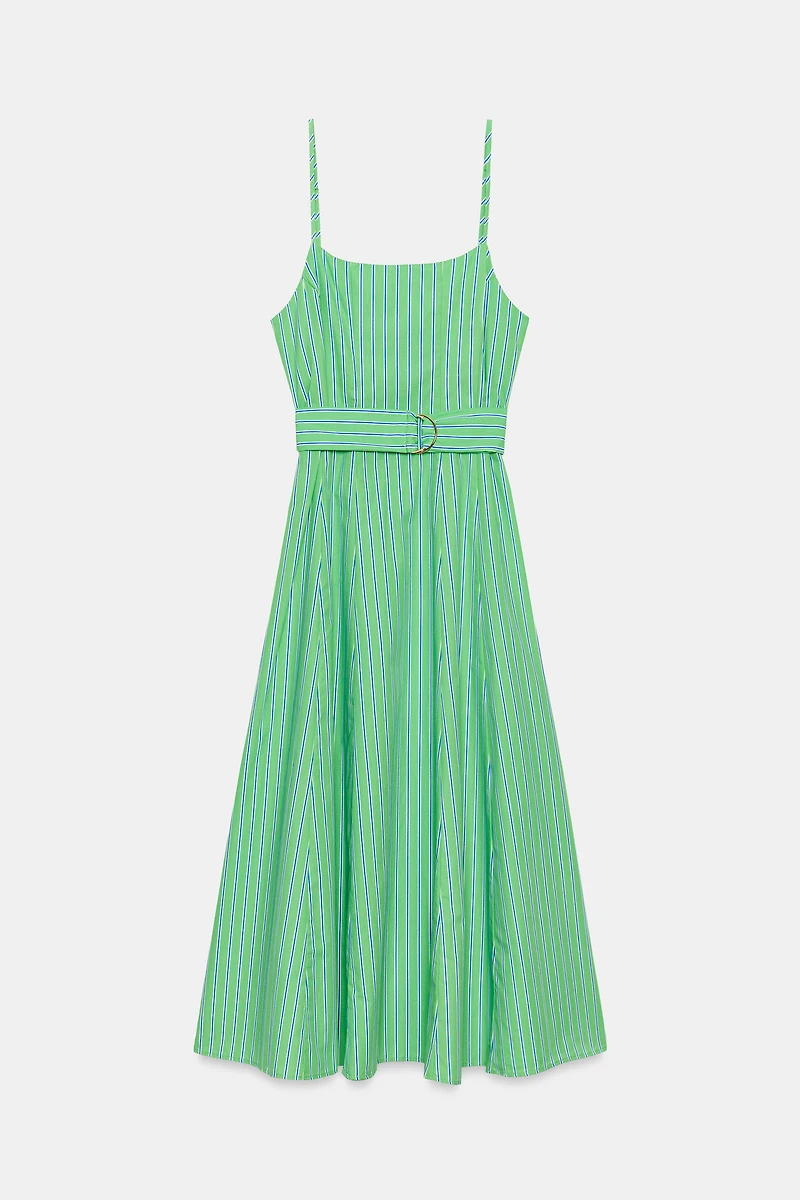 STRIPED BELTED MIDI DRESS