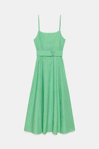 STRIPED BELTED MIDI DRESS