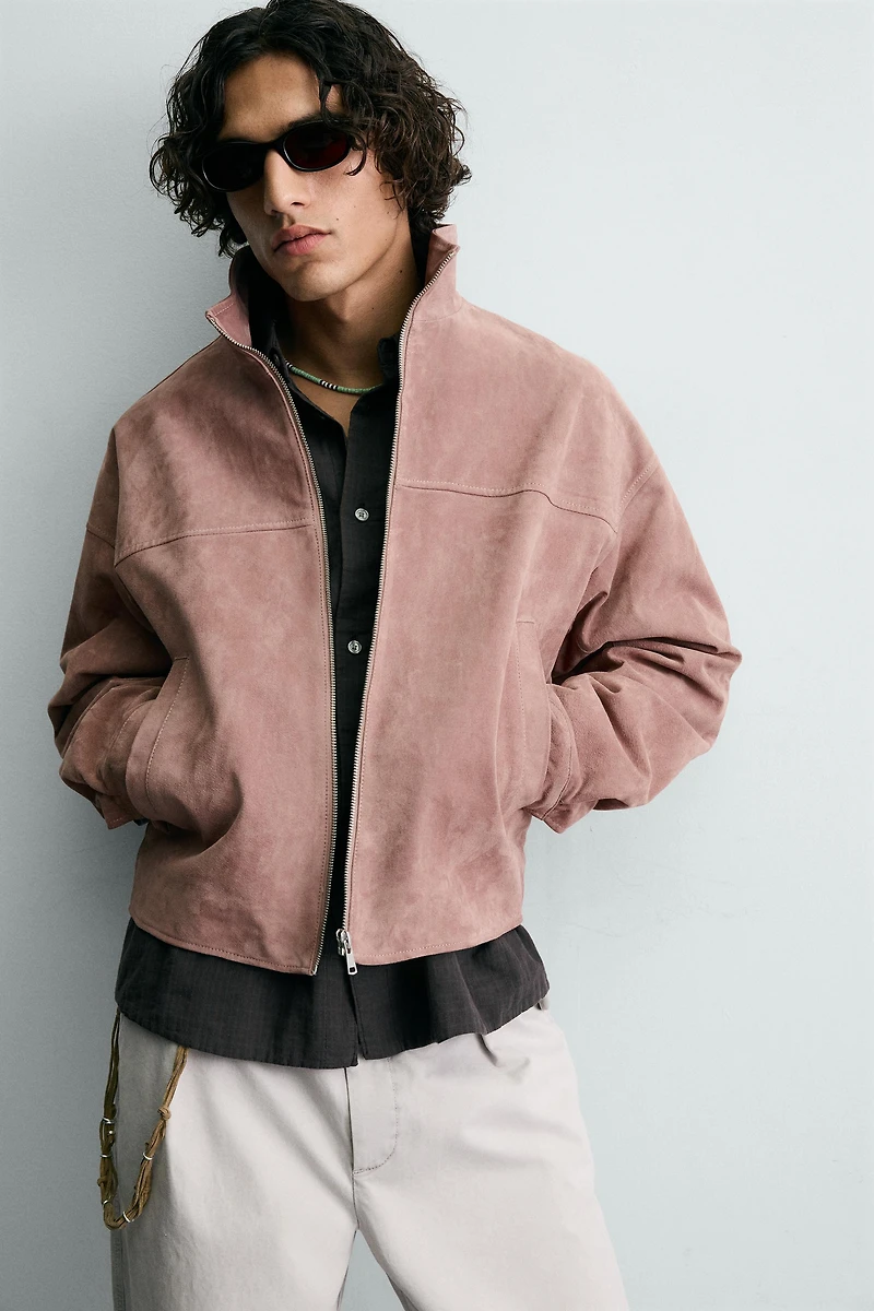 BLOUSON CROPPED FIT EN CUIR DAIM