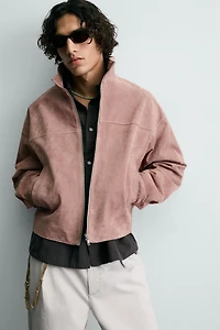 BLOUSON CROPPED FIT EN CUIR DAIM