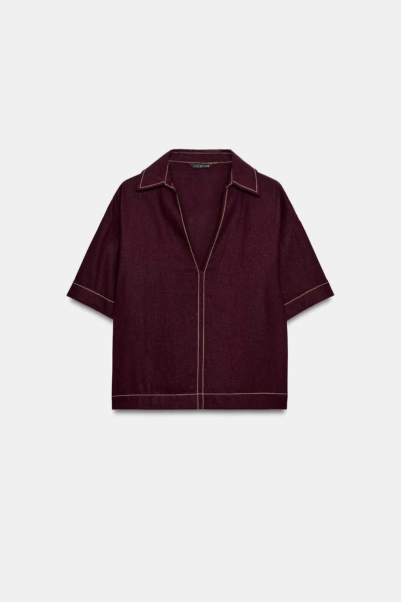 LINEN TOP WITH CONTRAST PIPING