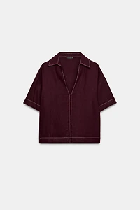 LINEN TOP WITH CONTRAST PIPING
