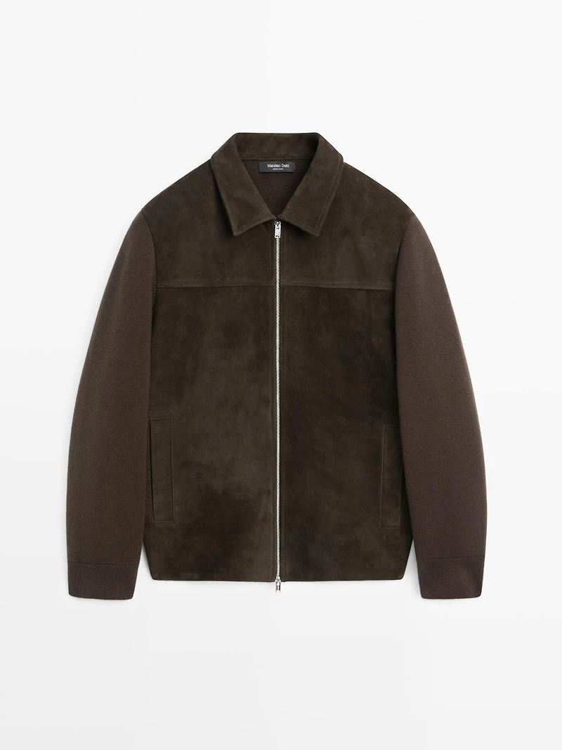 Contrast cotton and leather jacket