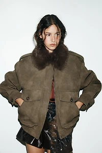 REMOVABLE COLLAR FAUX SUEDE JACKET