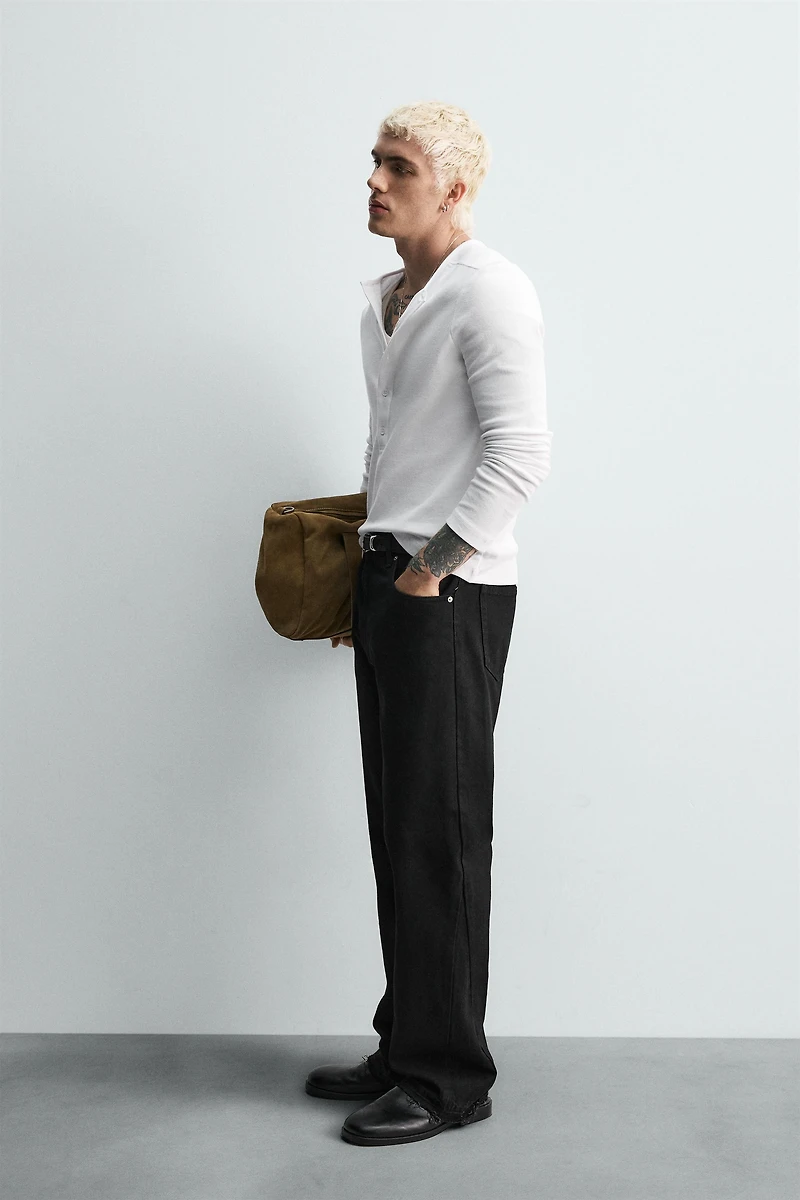 RIBBED SHIRT WITH BUTTON NECK