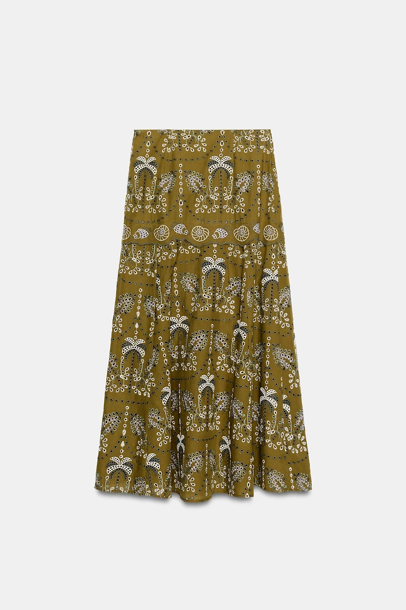 EMBROIDERED EYELET MIDI SKIRT