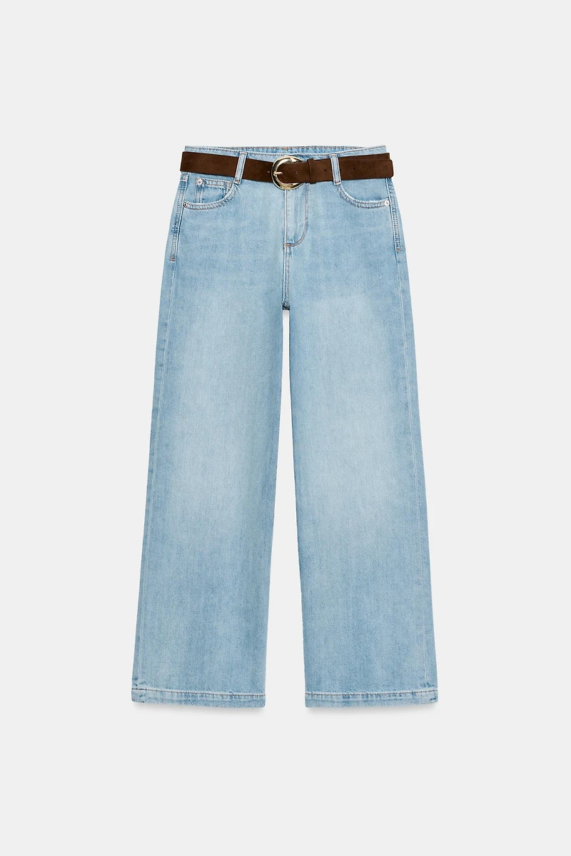 HIGH-WAISTED WIDE LEG CROPPED BELTED JEANS