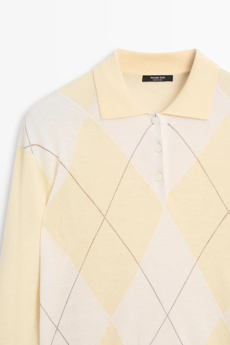 Argyle detail knit polo sweater