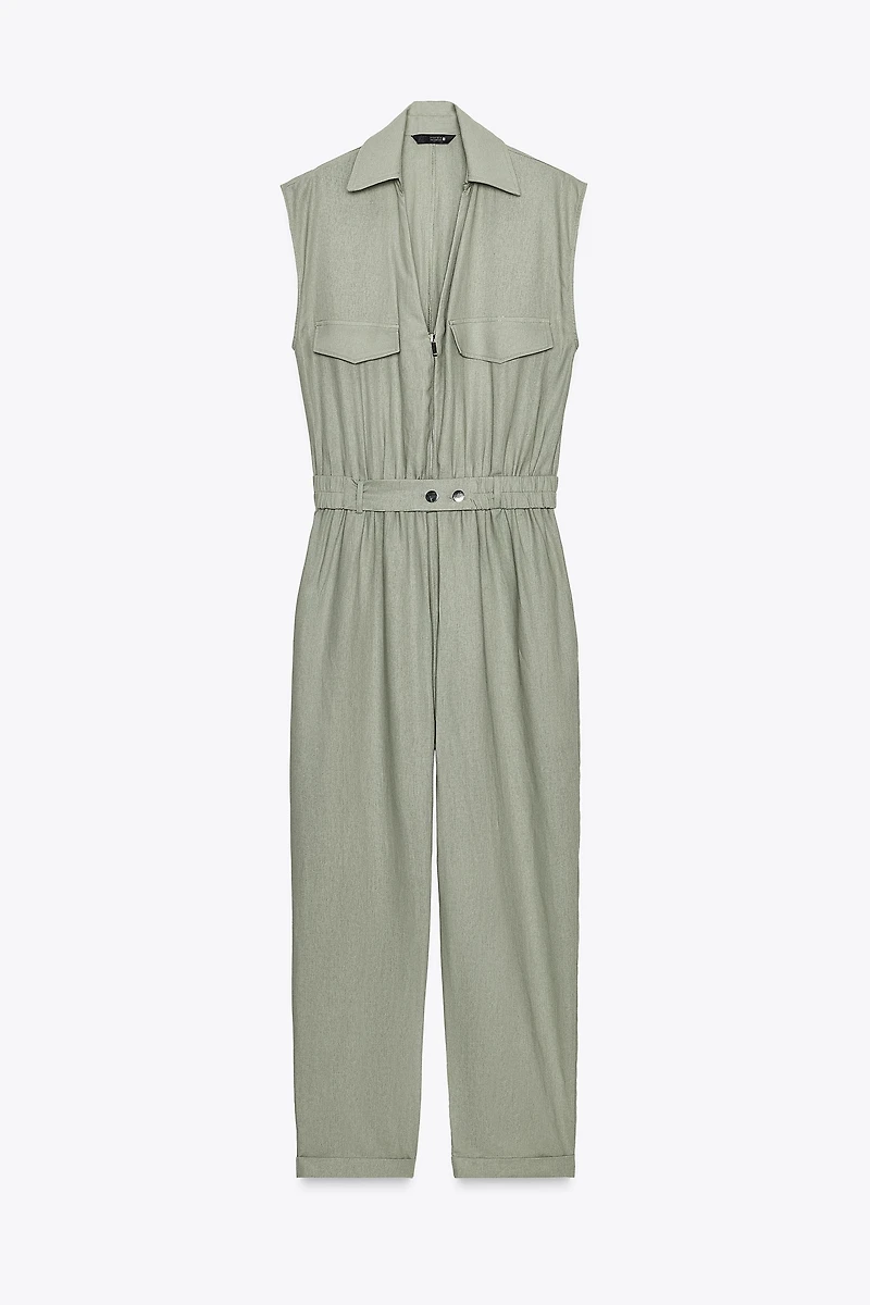 LINEN BELTED LONG JUMPSUIT