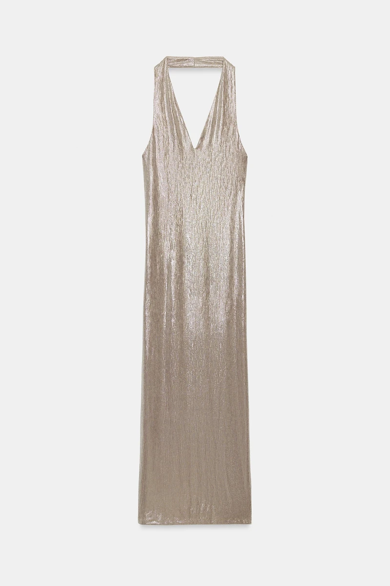 METALLIC EFFECT HALTER MIDI DRESS
