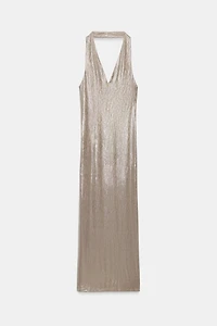 METALLIC EFFECT HALTER MIDI DRESS
