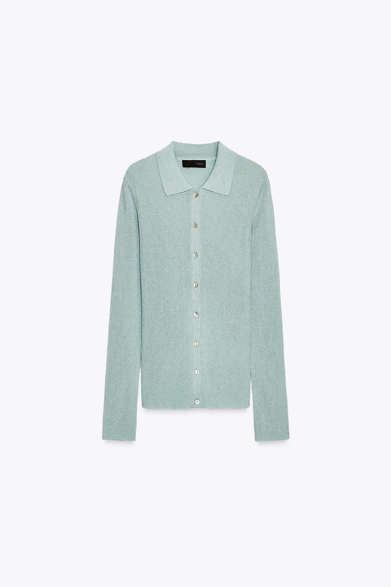 METALLIC THREAD KNIT POLO TOP
