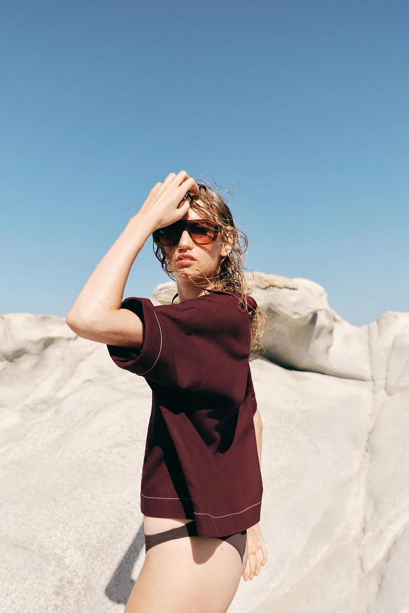 LINEN TOP WITH CONTRAST PIPING