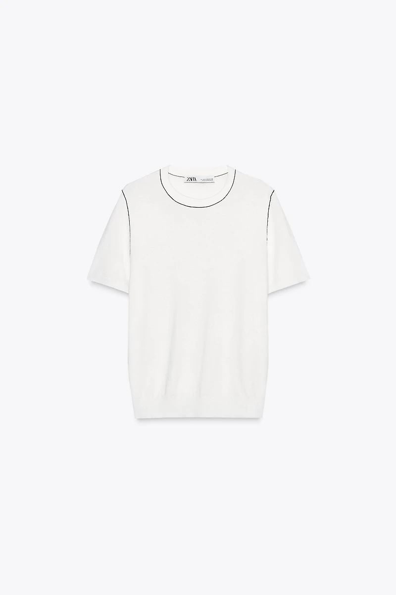 TRIMMED SHORT SLEEVE KNIT TOP