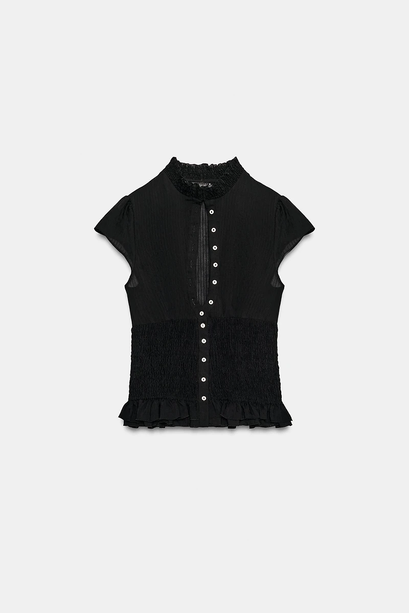 STRIPED HONEYCOMB RUFFLE SHIRT