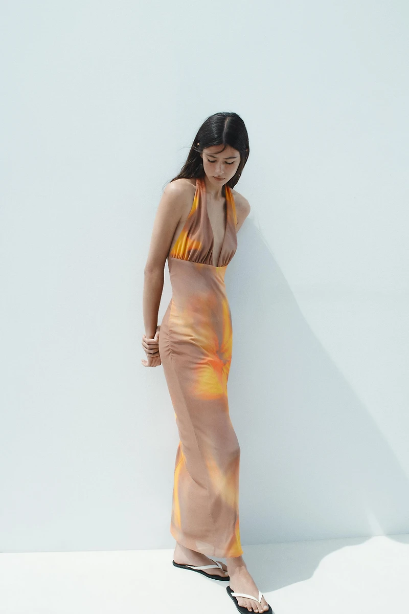 PRINTED TULLE MIDI HALTER DRESS