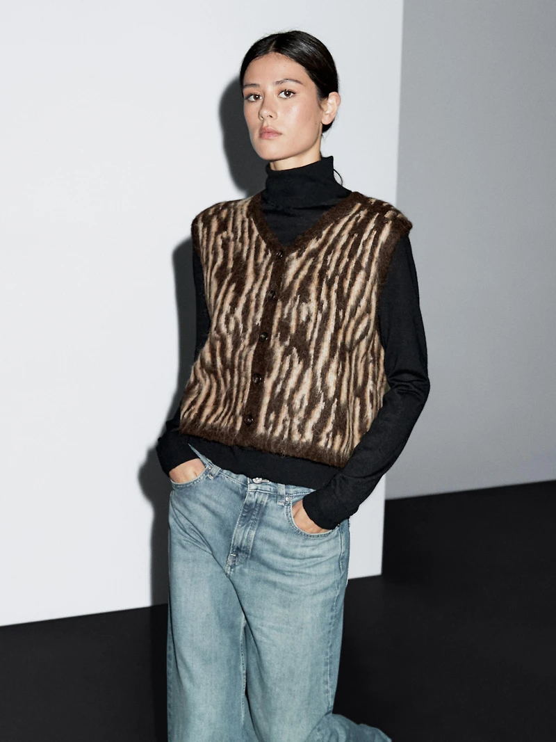 Veste sans manches en maille de laine mélangée à imprimé animal