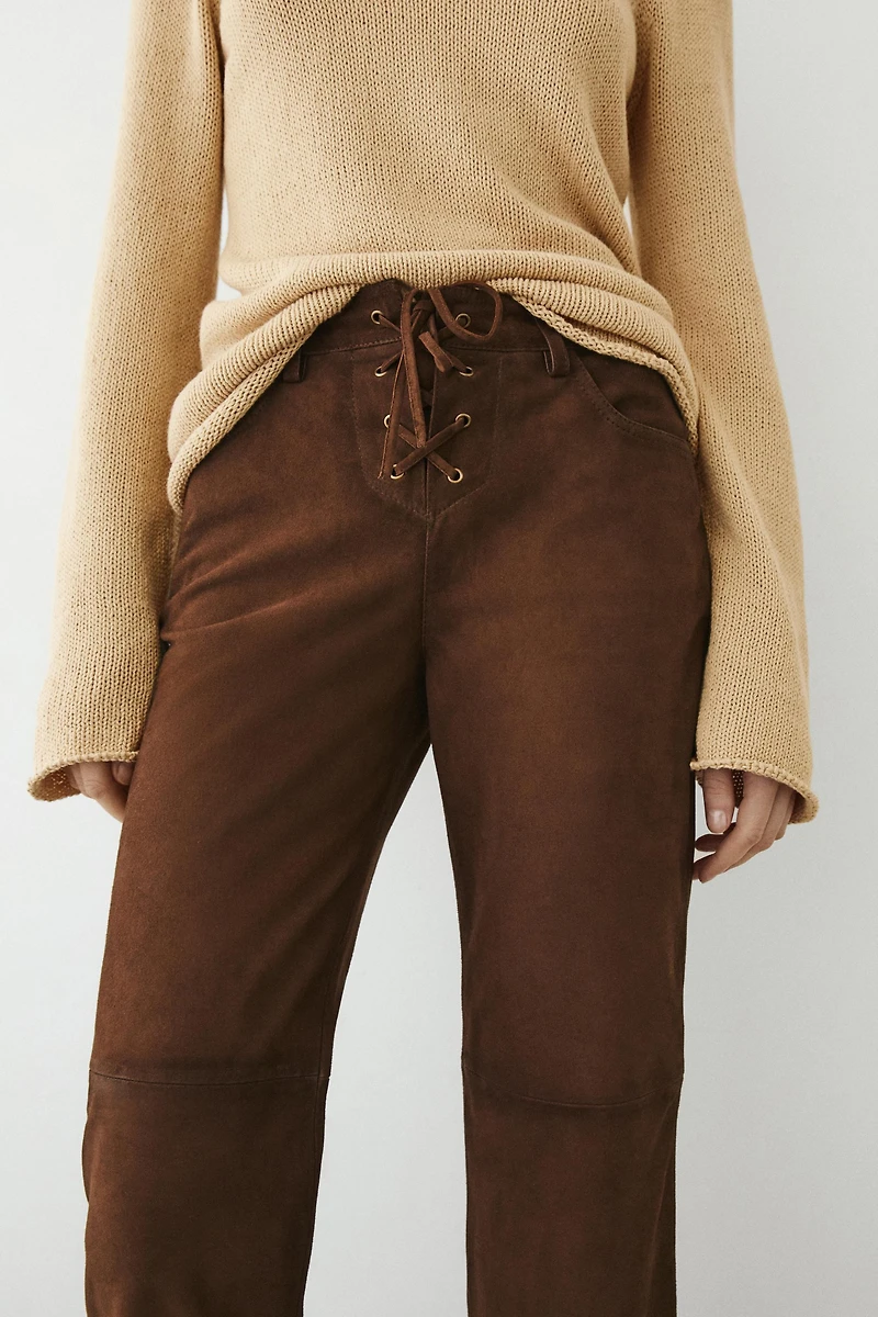 Cropped suede leather trousers with drawstrings