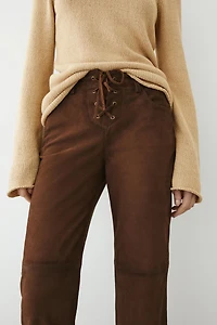 Cropped suede leather trousers with drawstrings