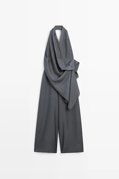 Asymmetric draped jumpsuit