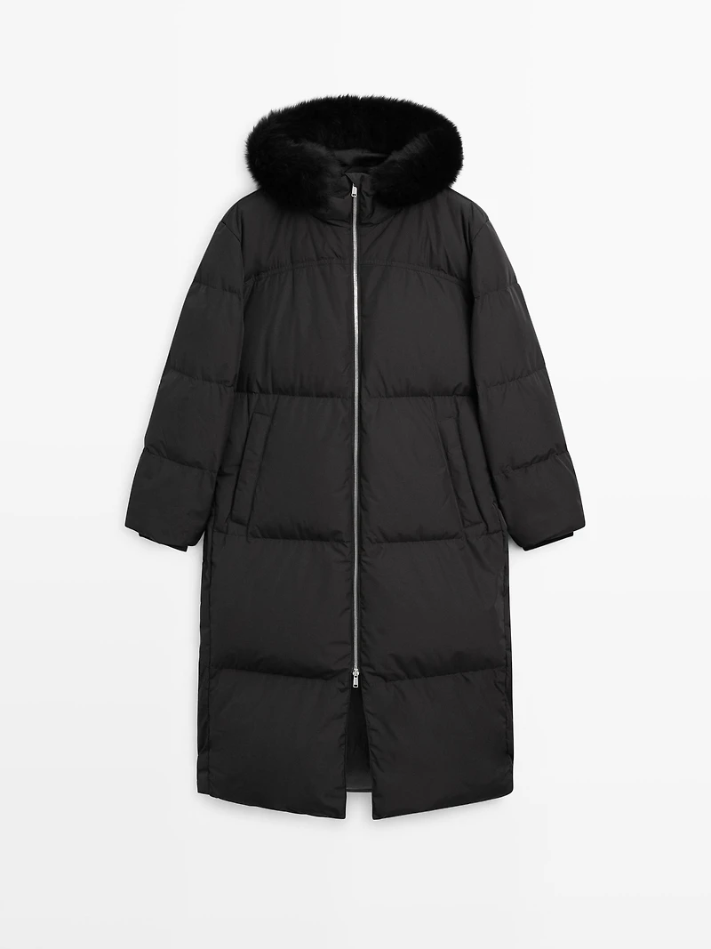 Technical down jacket with faux fur hood