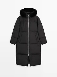 Technical down jacket with faux fur hood
