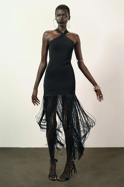 LONG STRETCH FRINGE DRESS