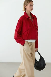 Suede leather bomber jacket with pocket details