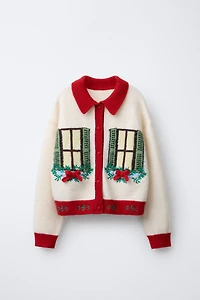 EMBROIDERED AND BOW CARDIGAN