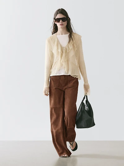 Linen blend cardigan with ruffle details