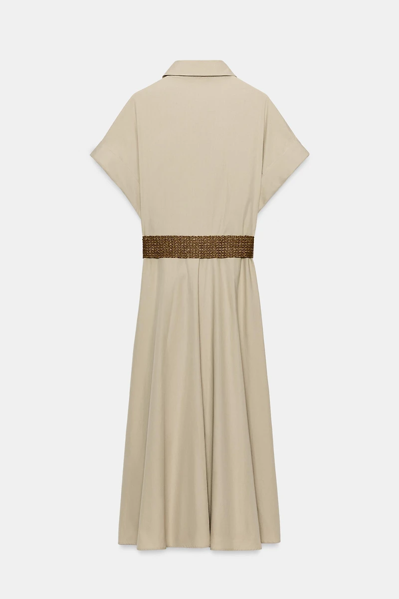 BELTED POPLIN MIDI DRESS