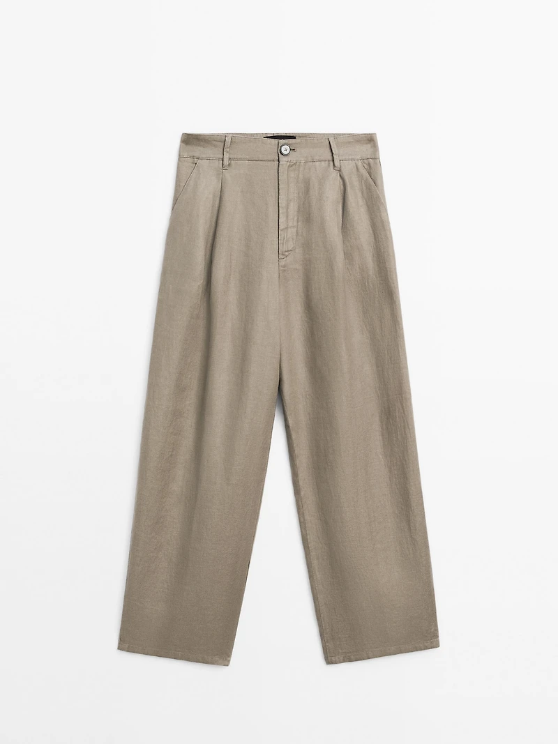 100% linen wide-leg mid-rise trousers