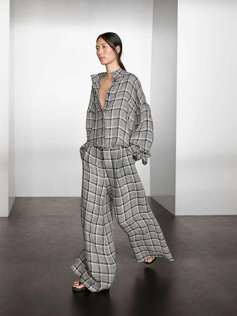100% linen check palazzo trousers